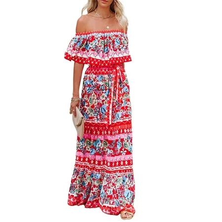 Sqvishtoy Women Summer Beach Dress Floral Maxi Dress Off Shoulder Ruffle Dress red XL | Walmart (US)