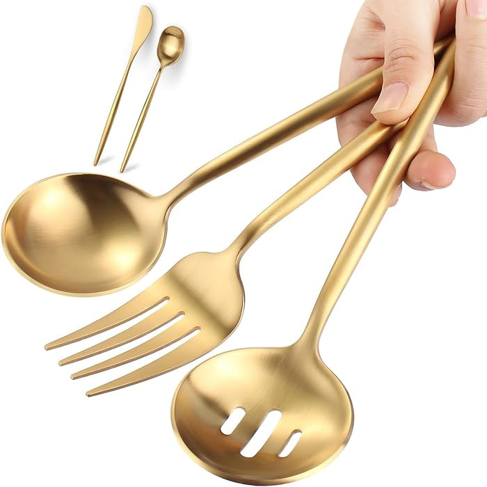 Gold Stainless Steel Serving Utensils Set, 5 Pcs - 10.8 Inch Serving Fork, 10.3 Inch Slotted Spoo... | Amazon (US)