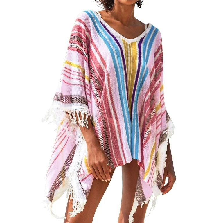 Cupshe Women's Cover up Colorful Stripe Tassels V Neck Swimsuit | Walmart (US)