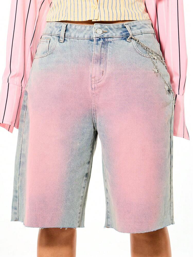 SUMWON WOMEN Knee Length Denim Ombre Bermuda Shorts With Pink And Blue Tie Dye Wash Effect High Rise Baggy Fit Raw Hem | SHEIN