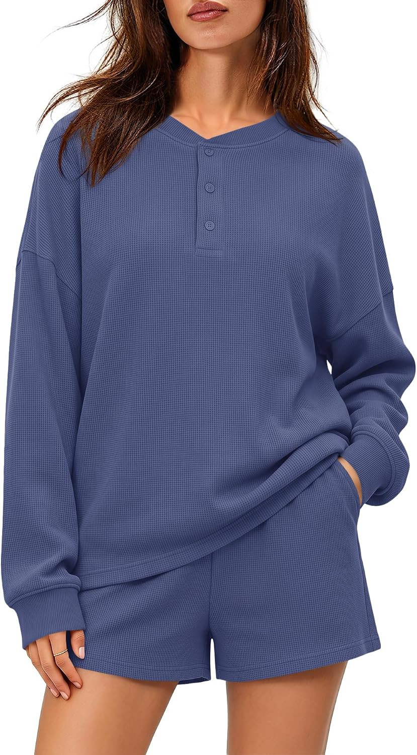 LAMISSCHE Womens 2 Piece Lounge Set Fall Outfits Waffle Knit Top Shorts Set | Amazon (US)
