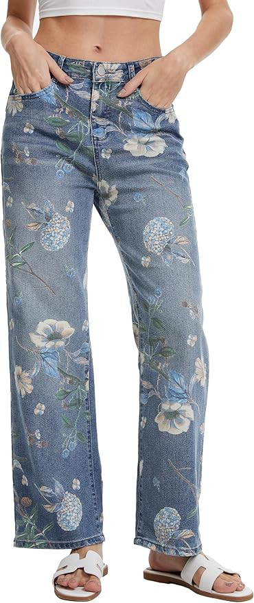 Vintage Floral Jeans for Women 90s High Rise Wide Leg Casual Stretchy Denim Pants Trendy Pantalon... | Amazon (US)