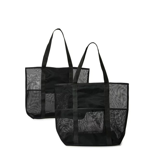 Time and Tru Women's Mesh Beach Tote Bag, 2-Pack Black / Black | Walmart (US)
