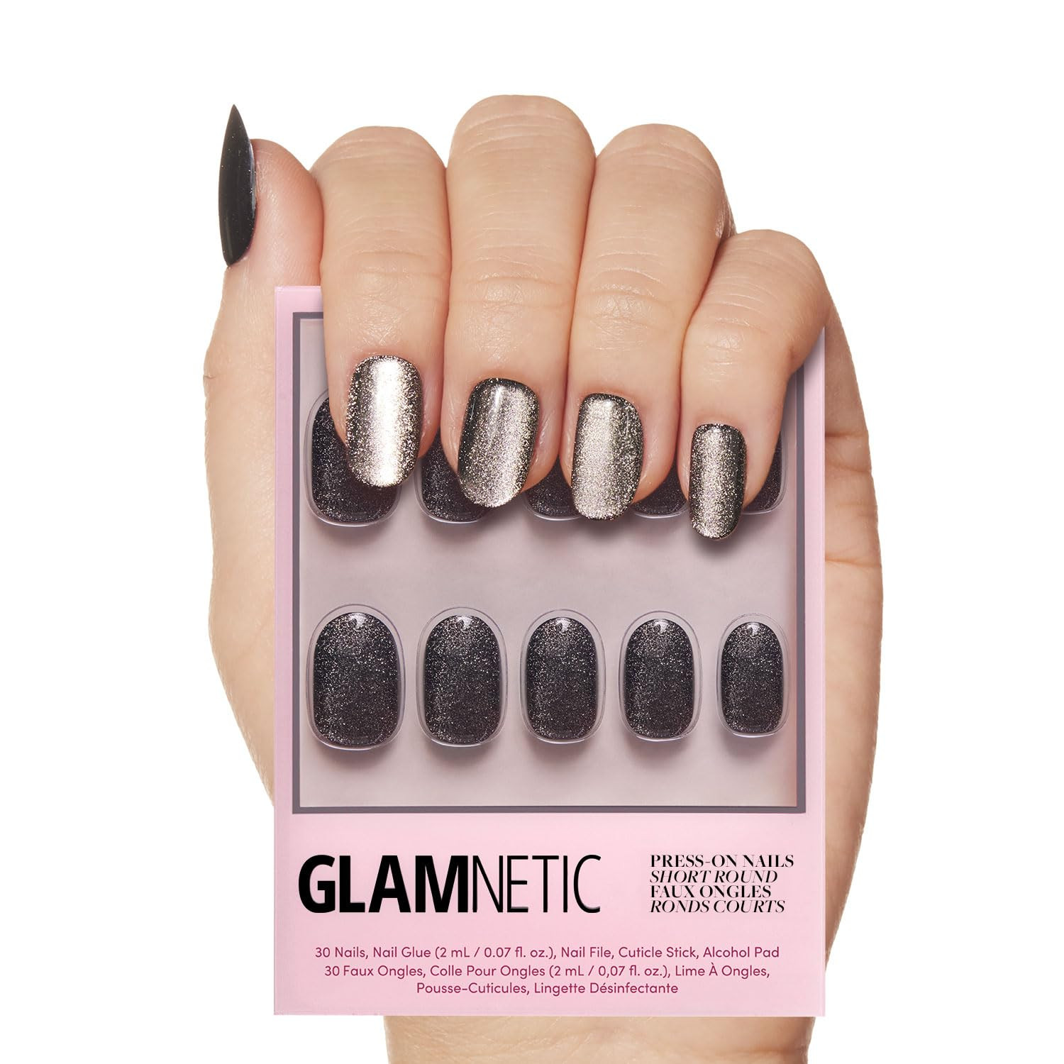 Glamnetic Press On Nails - Galactic | Short Round Gunmetal Pewter Glittered Fake Nails with a Gla... | Amazon (US)