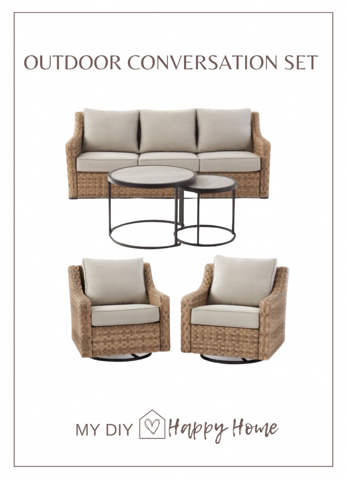 This is my exact outdoor furniture set
And it’s on sale $400 off for the set! 

Comes with sofa, set of 2 round nesting tables, 2 swivel glider chairs AND covers!  

#LTKSeasonal #LTKsalealert #LTKFind
