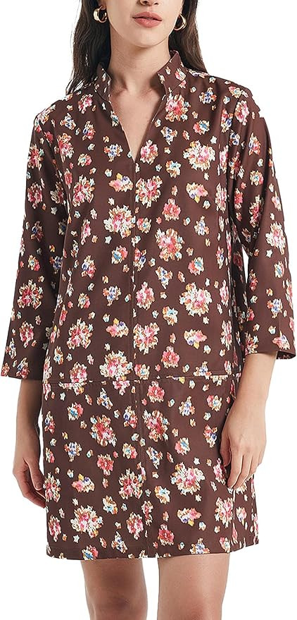 Women's Flower Print Shirt Dress Casual V Neck A Line Vintage 3/4 Sleeve Mini Dress | Amazon (US)