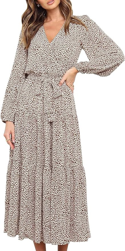 PRETTYGARDEN Womens Fall Long Sleeve Wrap V Neck Ruffle Floral Maxi Dress Casual Tie Waist Boho C... | Amazon (US)