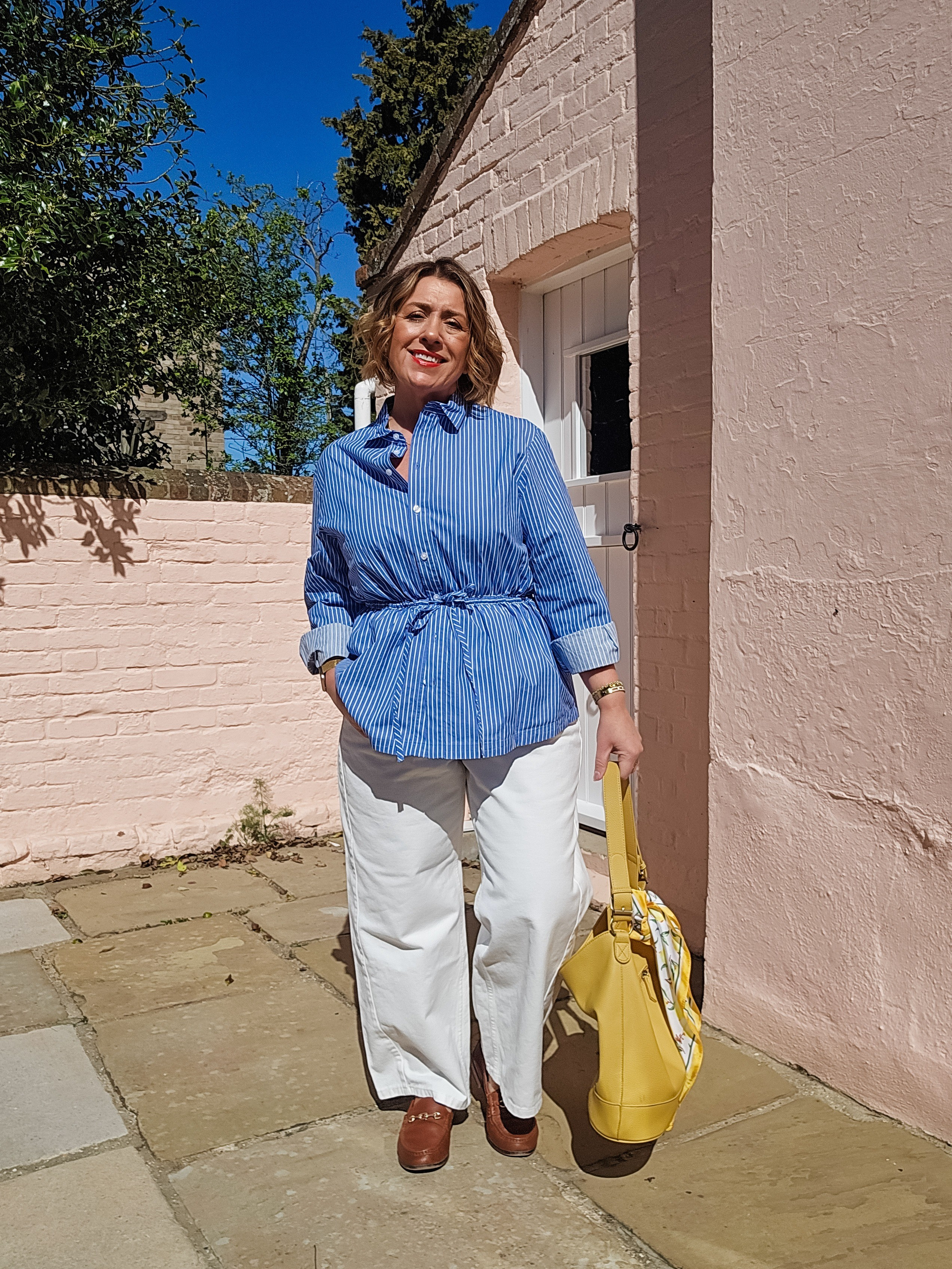 Spring outfit at M&SBlue and white stripe cotton drawstring shirt. White wide leg jeans.

#LTKuk #LTKspring #LTKover50style
