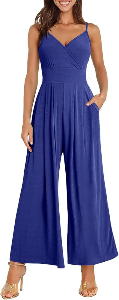 ANRABESS Jumpsuits for Women 2026 Summer Dressy Spaghetti Strap Ribbed V Neck Wide Leg Overalls F... | Amazon (US)