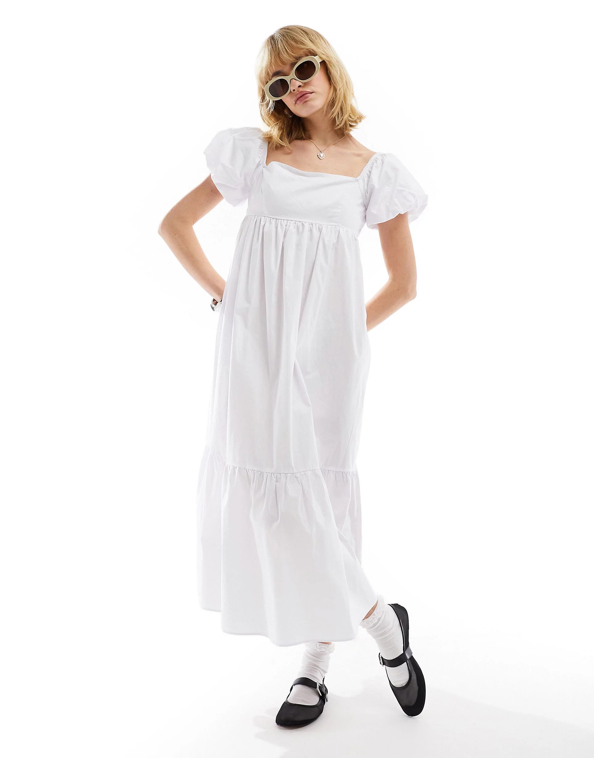 Glamorous square neck midi smock dress in white | ASOS | ASOS (Global)