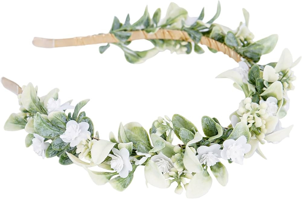 Green Leaf Flower Crowns - Bohemian White Floral Headpiece Bridal Flower Headband Greenery Eucaly... | Amazon (US)