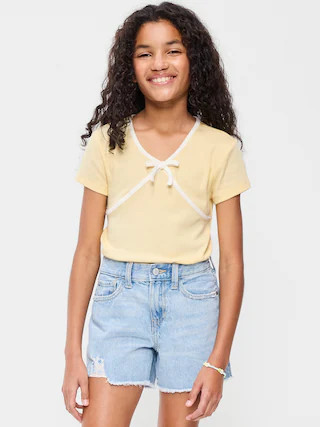 Fitted Short-Sleeve Ribbed Bow Top for Girls | Old Navy (CA)