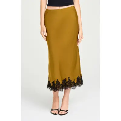 WAYF Vienna Lace Trim Satin Skirt in Navy at Nordstrom, Size Medium | Nordstrom