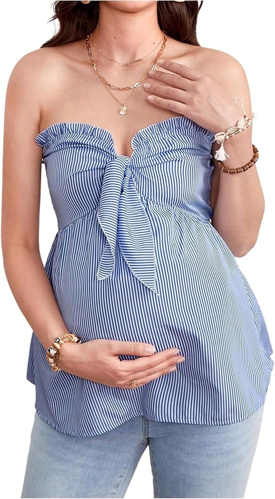 MakeMeChic Women's Maternity Tube Top Striped Strapless Ruffle Trim Summer Pregnancy Bandeau Shir... | Amazon (US)