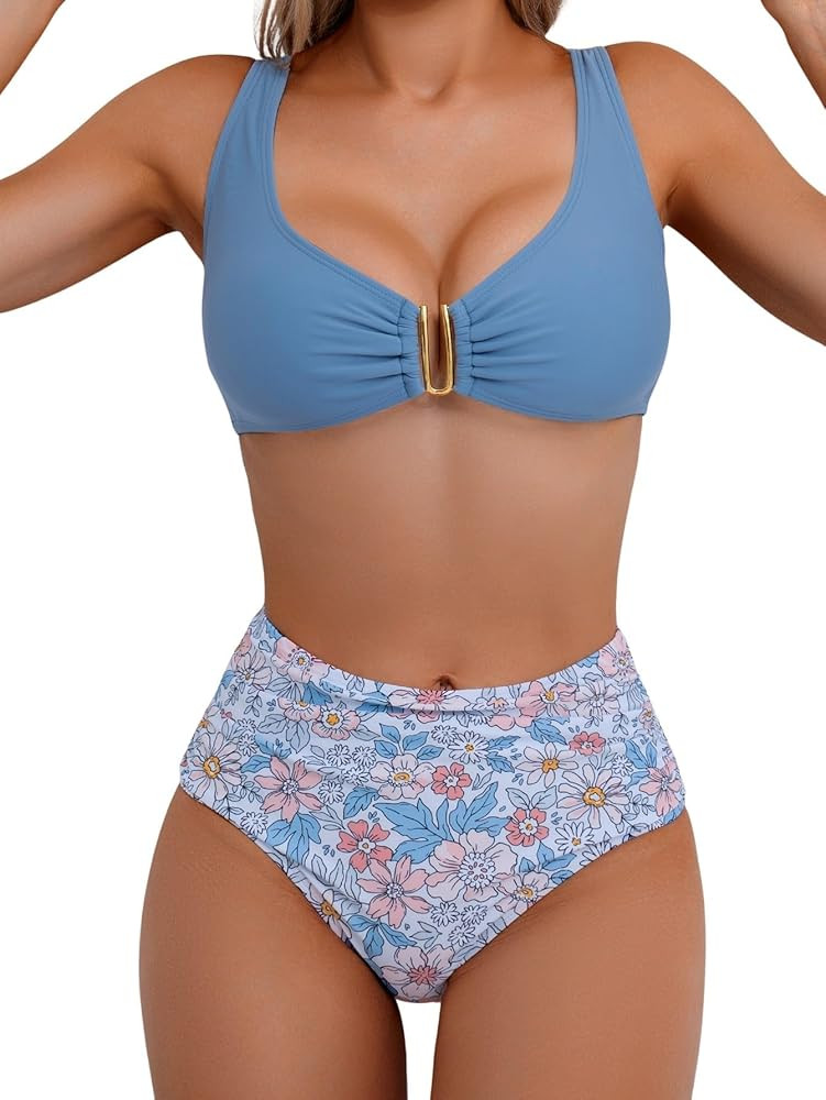 Eomenie Bikini Sets for Women High Waisted Two Piece Bathing Suit U Wired V Neck Swimsuit Adjusta... | Amazon (US)