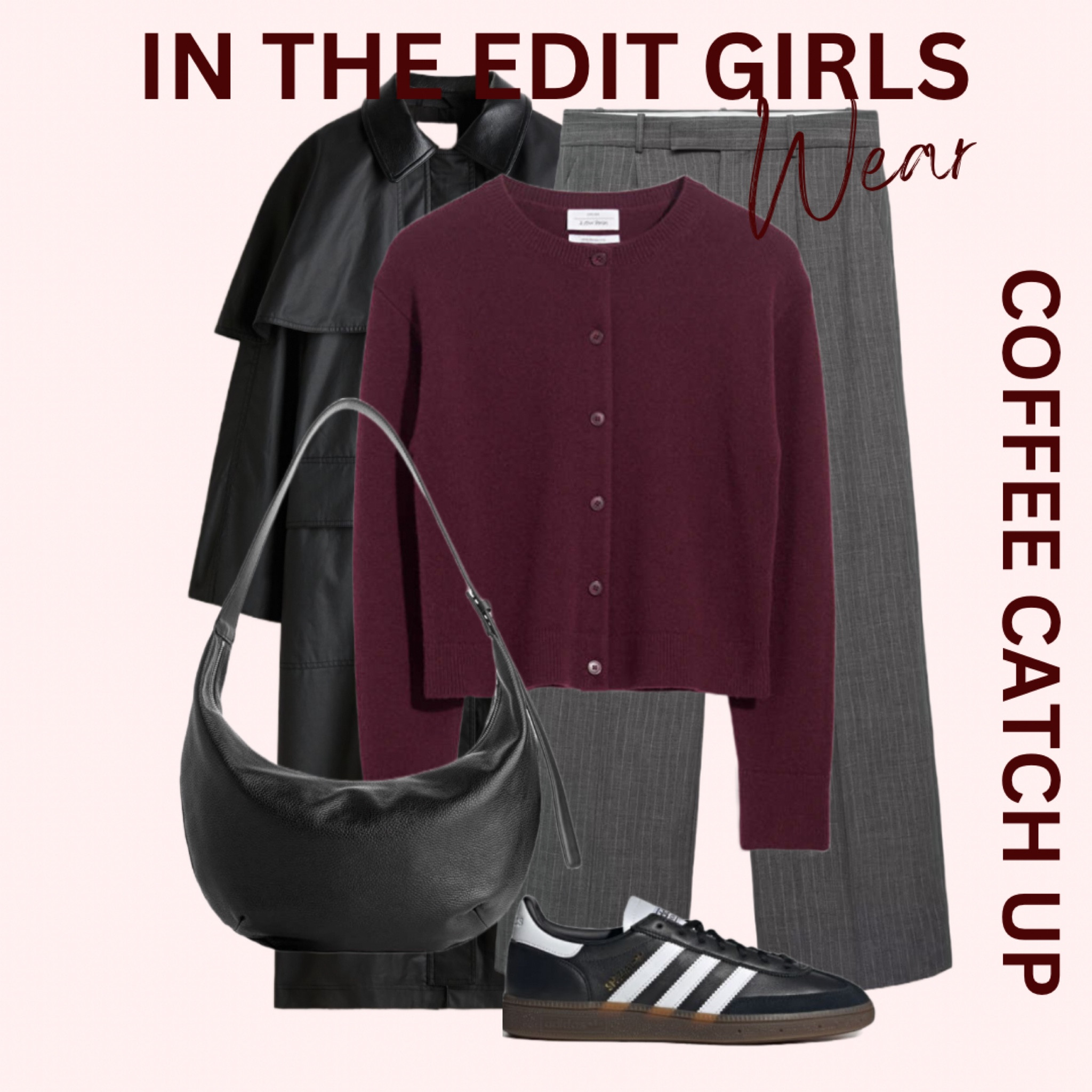 Suit trousers styled 

Burgandy cardigan 
Adidas trainers 
Leather trench 
Pinstripe trousers 

#LTKautumn #LTKstyletip #LTKeurope