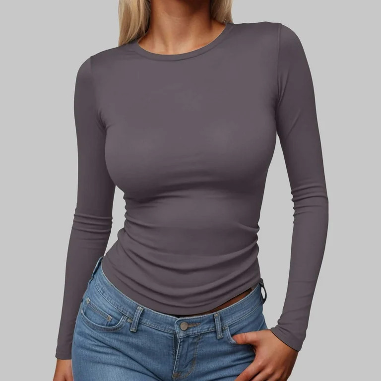 idosla Womens Long Sleeve Stretch Crewneck Ribbed T-Shirt Fitted Casual Basic Tops (Grey, M) | Walmart (US)