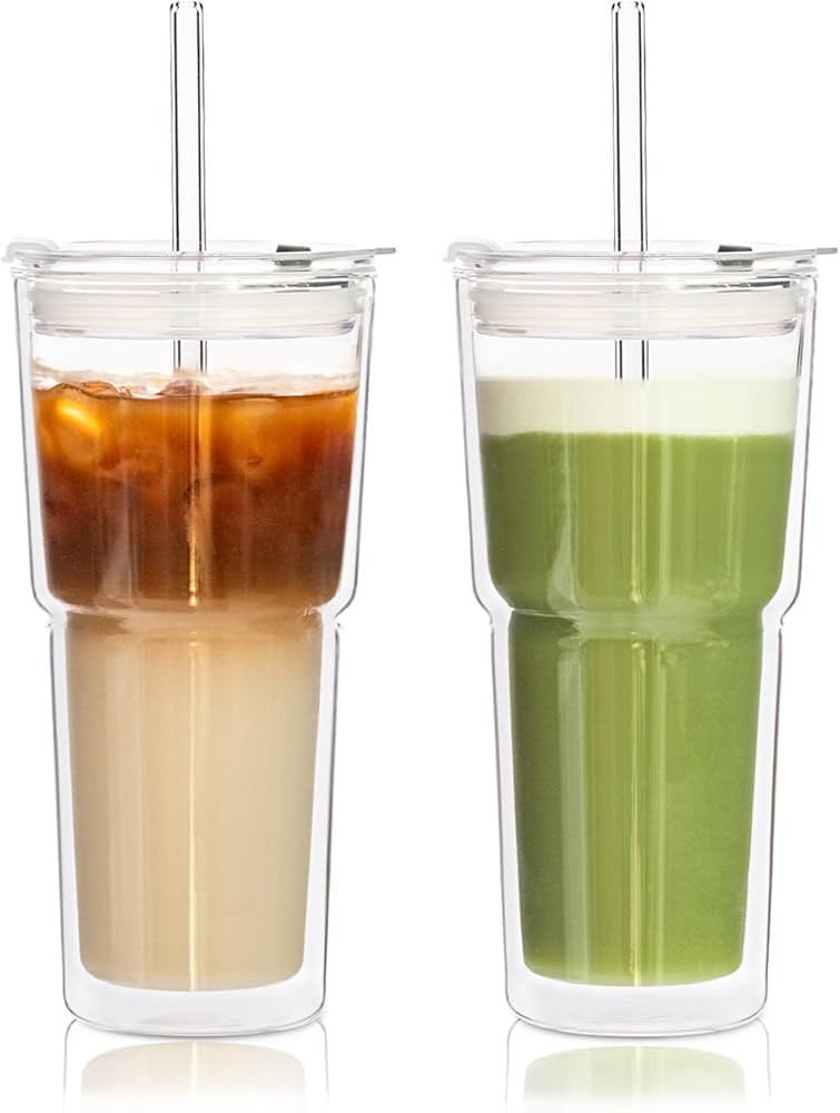KEMORELA 2PCS 20oz Double Wall Glass Tumblers with Lids and Straws – Insulated Borosilicate Gla... | Amazon (US)