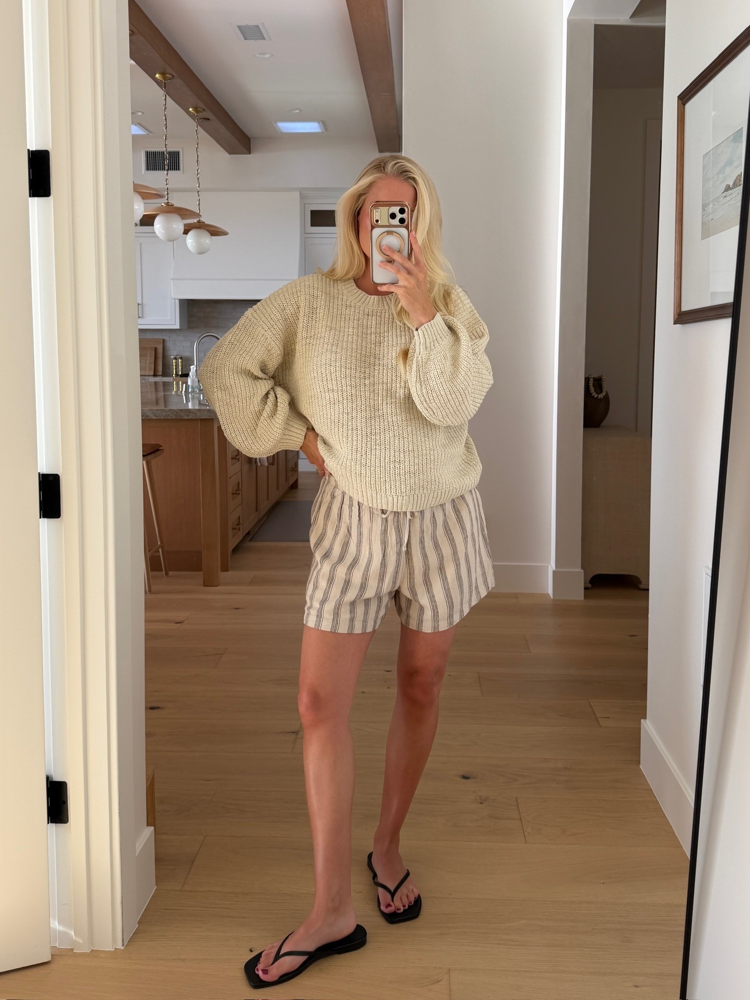 Wearing a medium in shorts (cream stripe - sized up for pregnancy), med in sweater, code “KPGS20!” for discount on bracelet & ring! #kathleenpost

Spring outfits 2026, spring transition outfit, casual chic look, errands outfit, bump friendly, maternity look