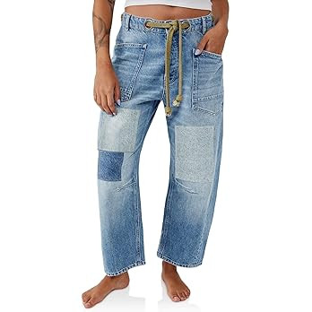 PLNOTME Womens Baggy Barrel Horseshoe Jeans Wide Leg Patchwork Low Rise Denim Pants with Pockets | Amazon (US)