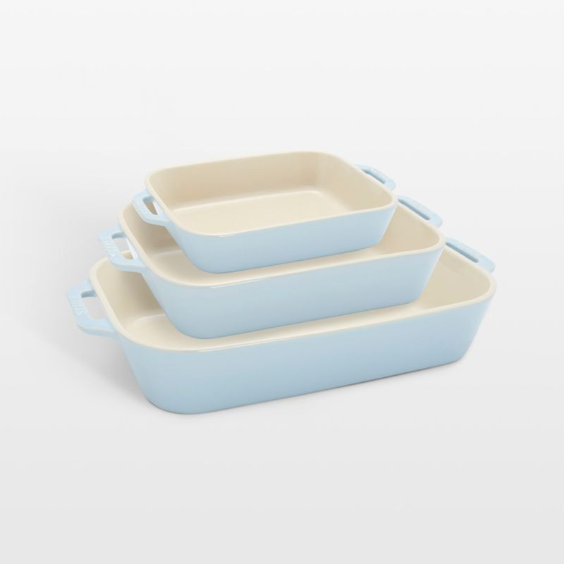Staub Macaron Light Blue 3-Piece Rectangular Stoneware Baking Dish Set + Reviews | Crate & Barrel | Crate & Barrel