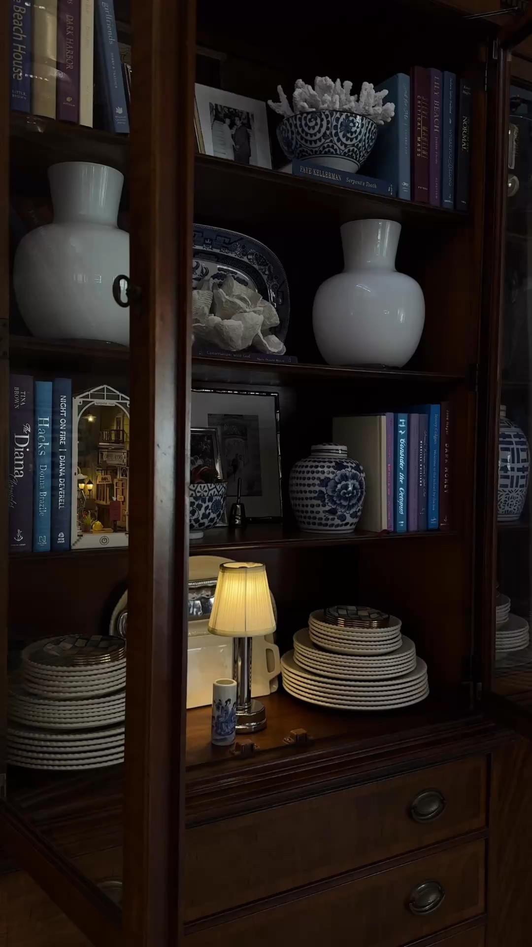 Shelf Decor. Cabinet Decor. Blue & White Platter. Blue Willow. Coral. Rechargeable Lamp. Polished Nickel. Ginger Jar. Vintage Finds. Classic interior. Lavender Rose Home.

#LTKHome