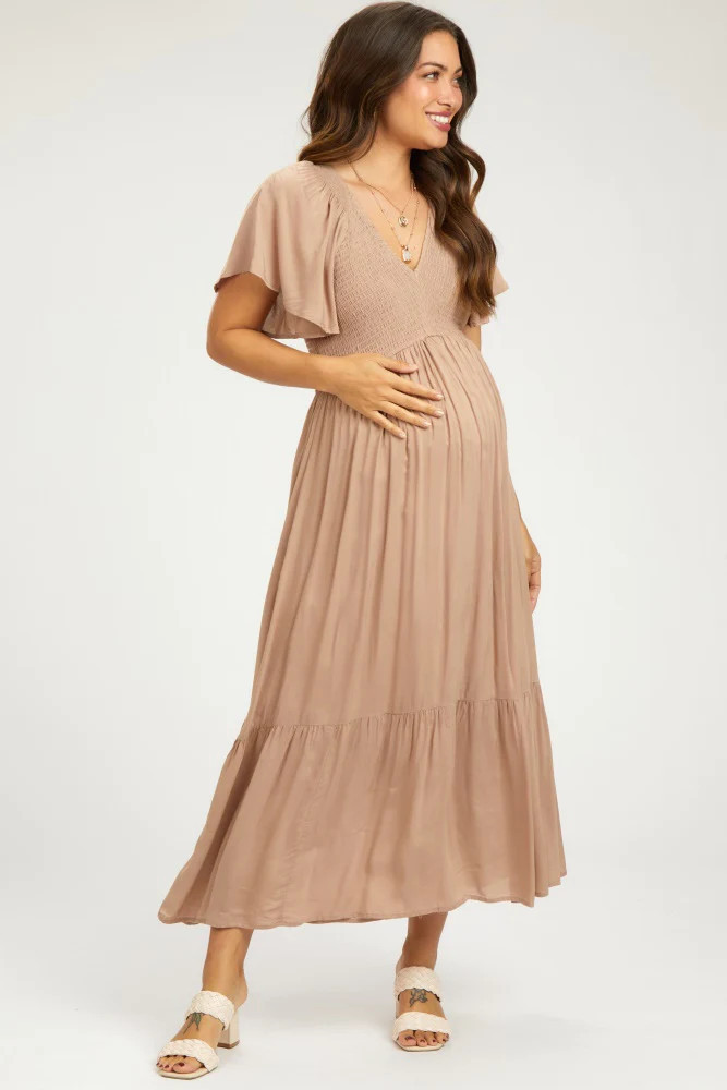 Taupe Smocked Flutter Sleeve Maternity Midi Dress | PinkBlush Maternity