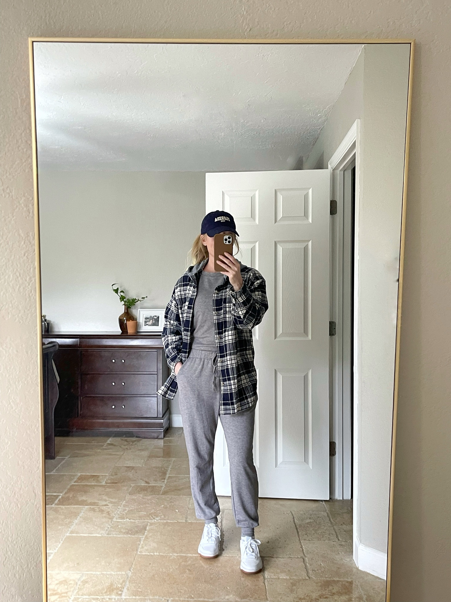 Running errands outfit/sports field outfit: matching grey set, flannel, white sneakers, navy blue baseball hat

Mom outfits, comfy outfits, winter looks, soccer mom look

#LTKActive #LTKSeasonal #LTKSaleAlert
