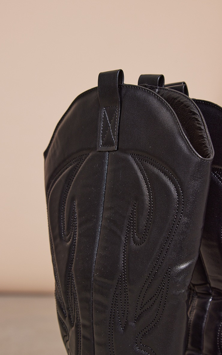 Black Pu Detail Point Toe Knee High Western Boots | PrettyLittleThing US