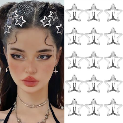 Star Hair Clips 2000s Y2K Snap Hair Barrettes Non Slip Star Hair Accessories Silver Metal Hair Clips for Girls Women -15 PCS 1.57" | Amazon (US)
