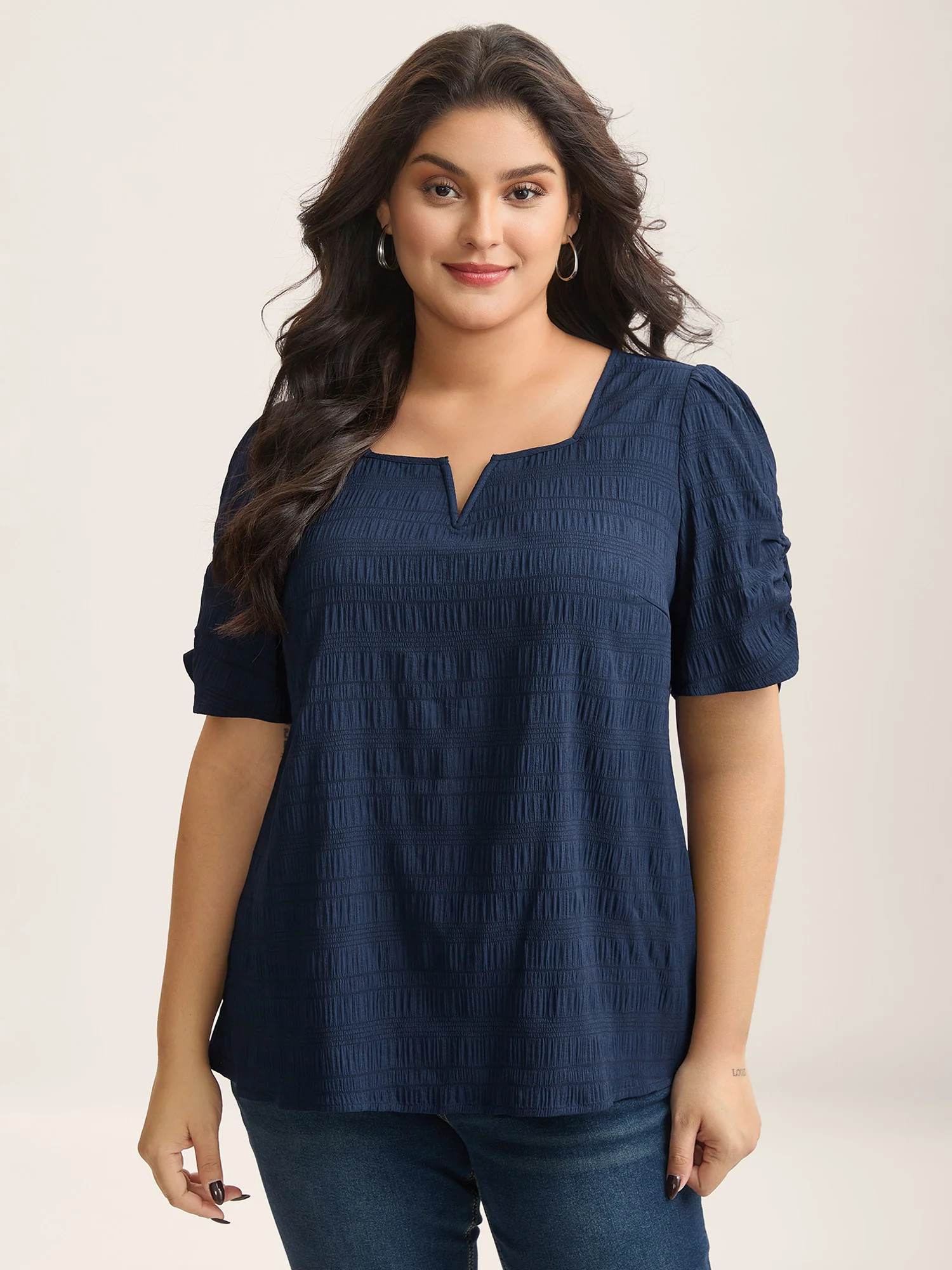 Textured Gathered Sleeve Split Neck Blouse | Bloomchic