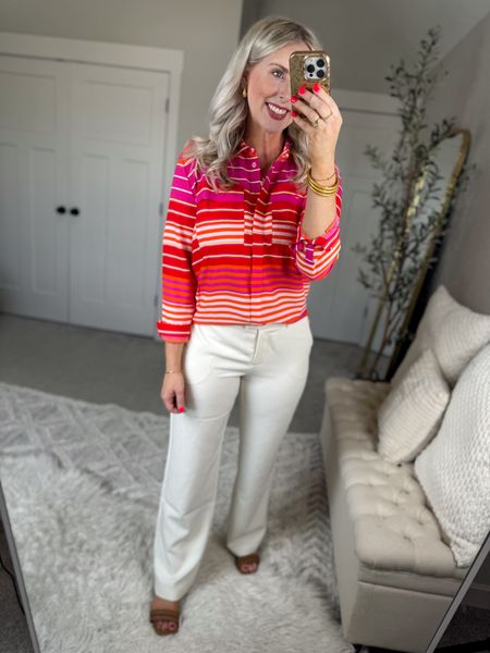 Weekend Walmart Wins try on 
Striped button down- medium 
Trouser pants- tts [no stretch so if between, go up!]

#LTKSeasonal #LTKworkwear #LTKfindsunder50