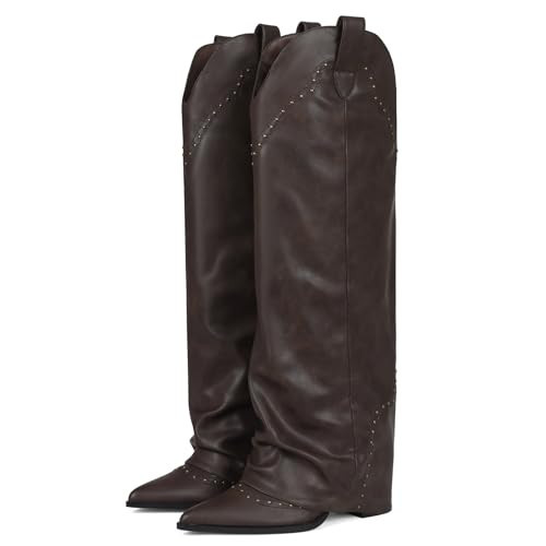 EQAUDES Knee-high Boots For Women Fold Over Brown Tall Boot - Fall,Leather,Slouch,Fashion Shark Studded,Snip Toe,Long,Cowboy Cowgirl Boot,Pull on | Amazon (US)
