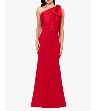 Betsy & Adam Satin Bow One Shoulder Scuba Crepe Sleeveless Mermaid Gown | Dillard's | Dillard's