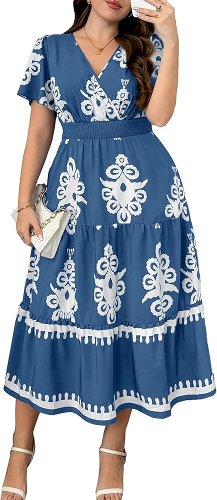 RWJ Womens Plus Size Dresses 2026 Summer Casual Wrap V Neck Short Sleeve Aline Floral Boho Maxi D... | Amazon (US)