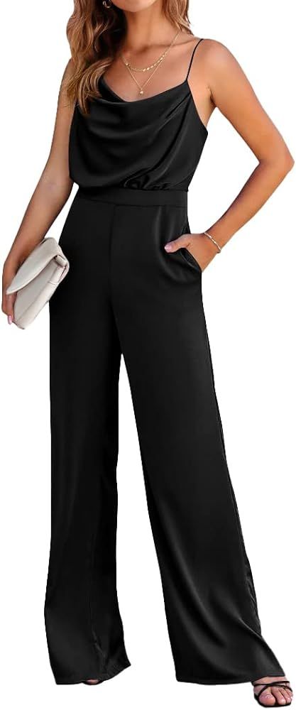 PRETTYGARDEN Women 2023 Sleeveless Spaghetti Strap Cowl Neck Backless Satin Jumpsuits Loose Wide Leg | Amazon (US)