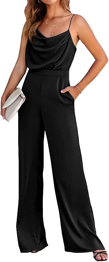 PRETTYGARDEN Women 2023 Sleeveless Spaghetti Strap Cowl Neck Backless Satin Jumpsuits Loose Wide Leg | Amazon (US)
