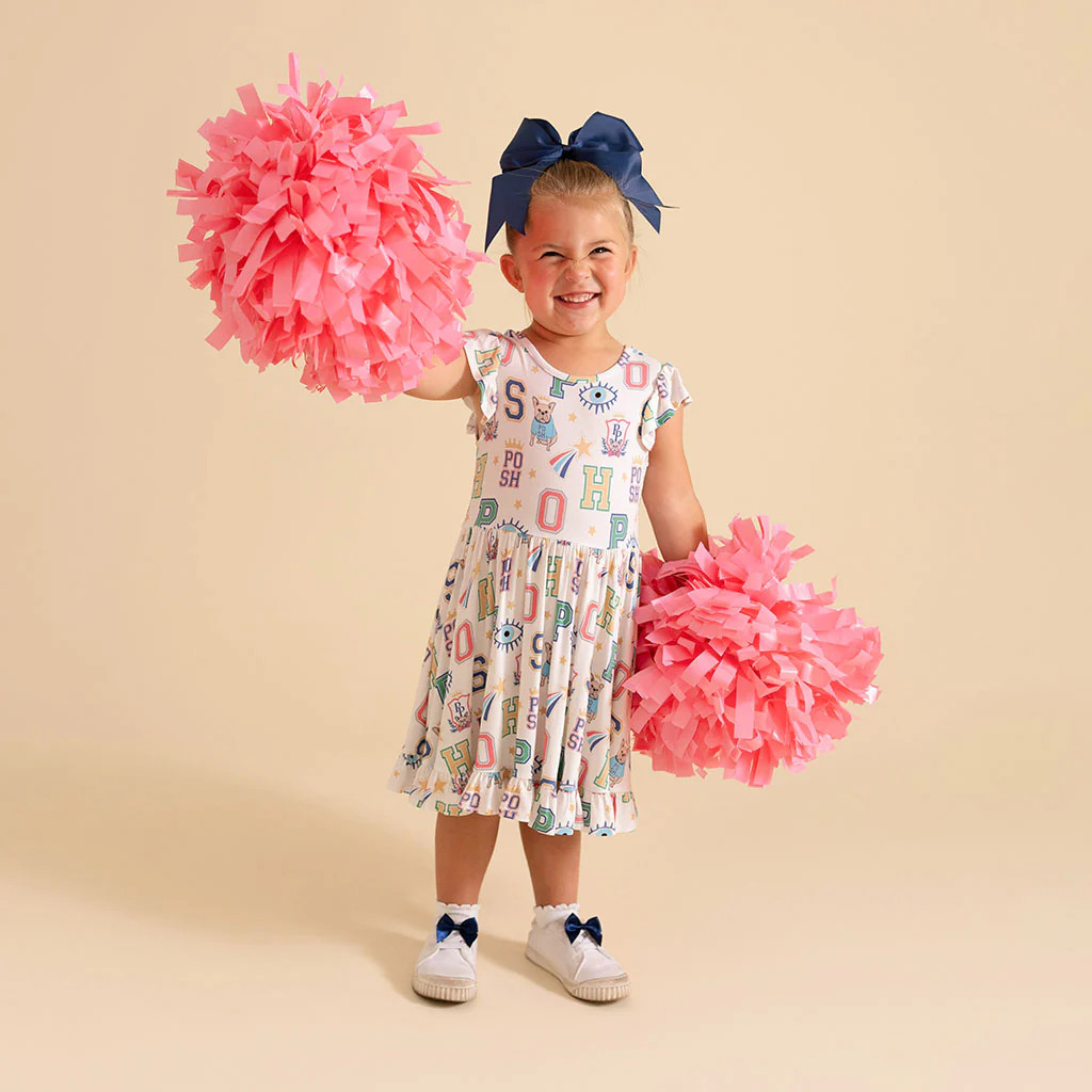 Varsity Beige Cap Sleeve Girl Twirl Dress | Brooke | Posh Peanut
