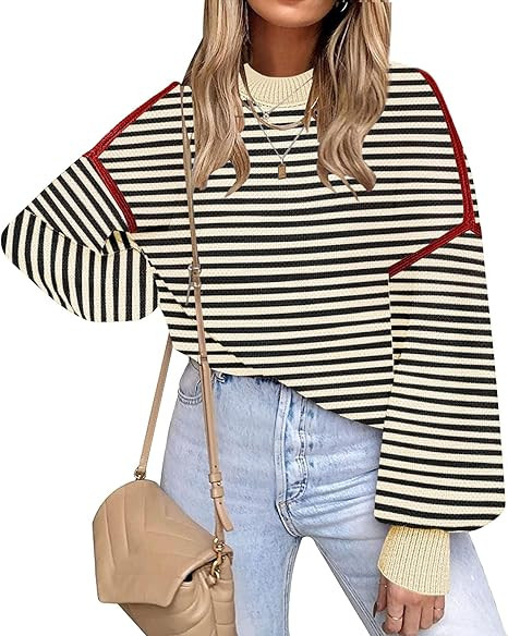 Fall Clothes for Women 2025 Trendy Fashion Oversized Sweaters Color Block Long Sleeve Knited Pull... | Amazon (US)