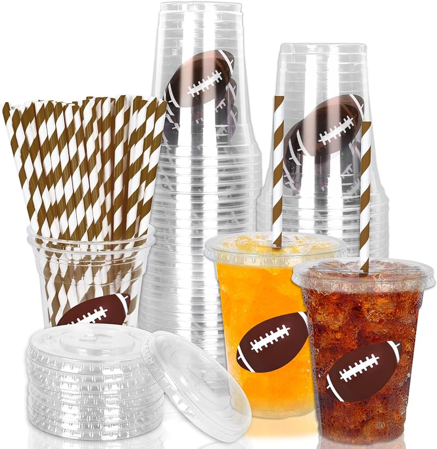 Whaline 50Pcs Football Disposable Plastic Cups with Lids and Straws 12oz Sports Themed Party Cups... | Amazon (US)