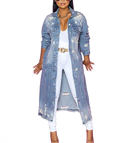 ebossy Women's Ripped Out Distressed Washed Long Blue Denim Jacket Trench Coat (Medium, Light Blue) | Amazon (US)
