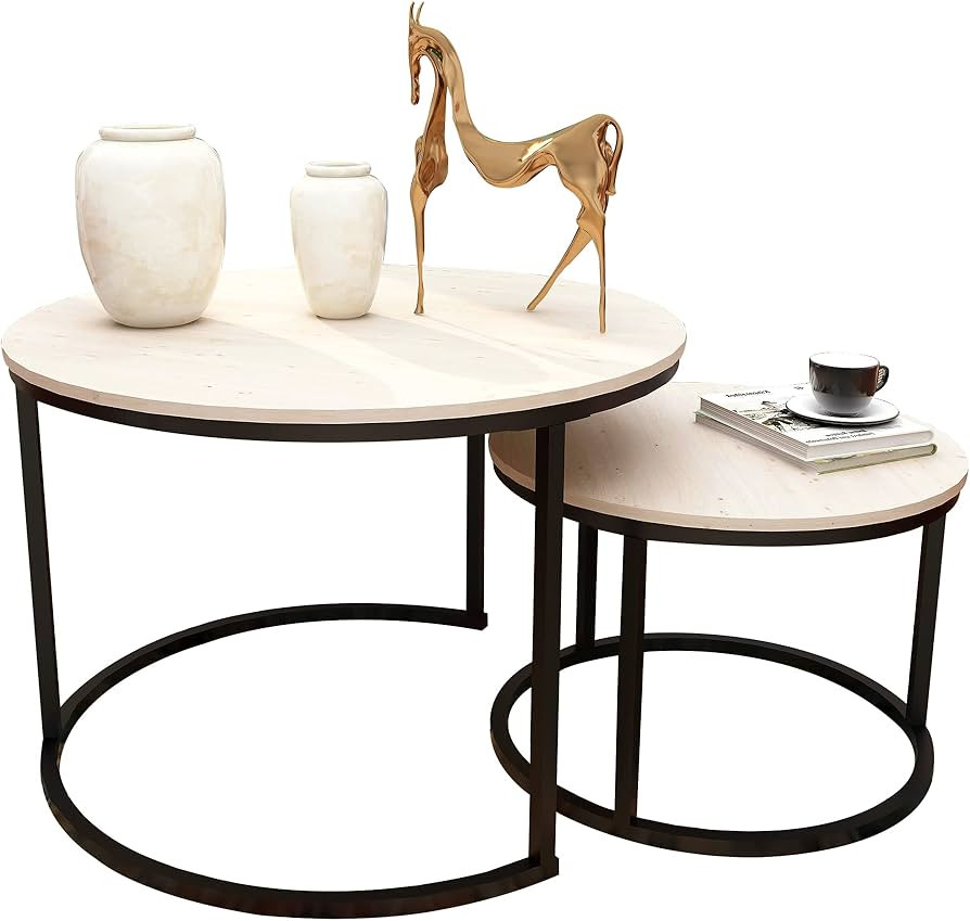 HAHRIR Modern Nesting Coffee Tables Set of 2 Round Wood End Tables with Metal Frame for Living Ro... | Amazon (US)
