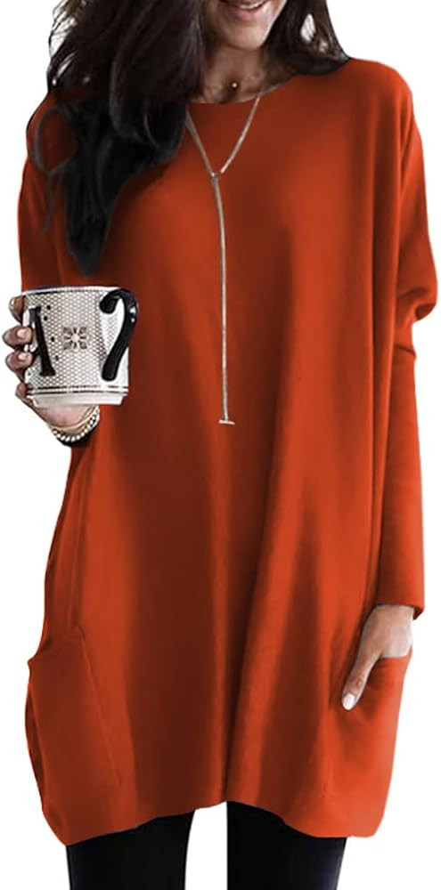 Poetsky Fall Womens Tunic or Tops to Wear with Leggings Long Sleeve Casual Long Shirts with Pocke... | Amazon (US)