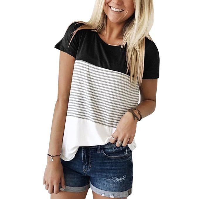Womens Short Sleeve Striped T-Shirt Color Block Striped Shirts Casual Blouse | Amazon (US)