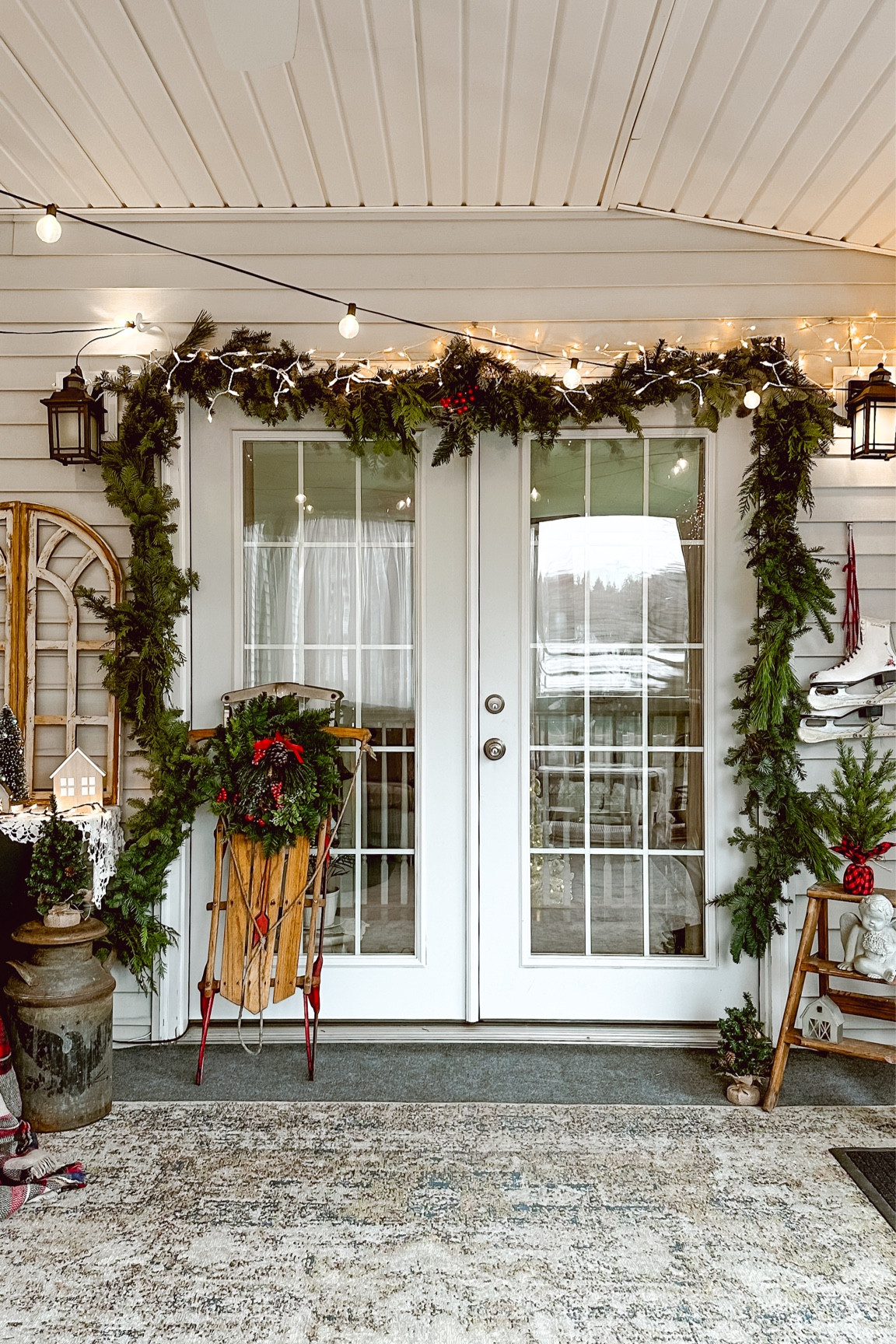 Christmas porch. Looking for ideas to decorate your porch for the holidays? 
Vintage Christmas | vintage sled | vintage skates 

#LTKCyberWeek #LTKHoliday #LTKSeasonal