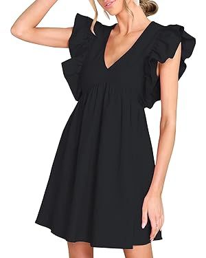 FANCYINN Women's Summer Casual Babydoll Mini Dress Ruffle Sleeveless Deep V Neck High Waist Pleat... | Amazon (US)