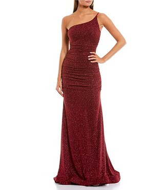 B. Darlin Glitter One-Shoulder Side Shirred Long Gown | Dillard's | Dillard's
