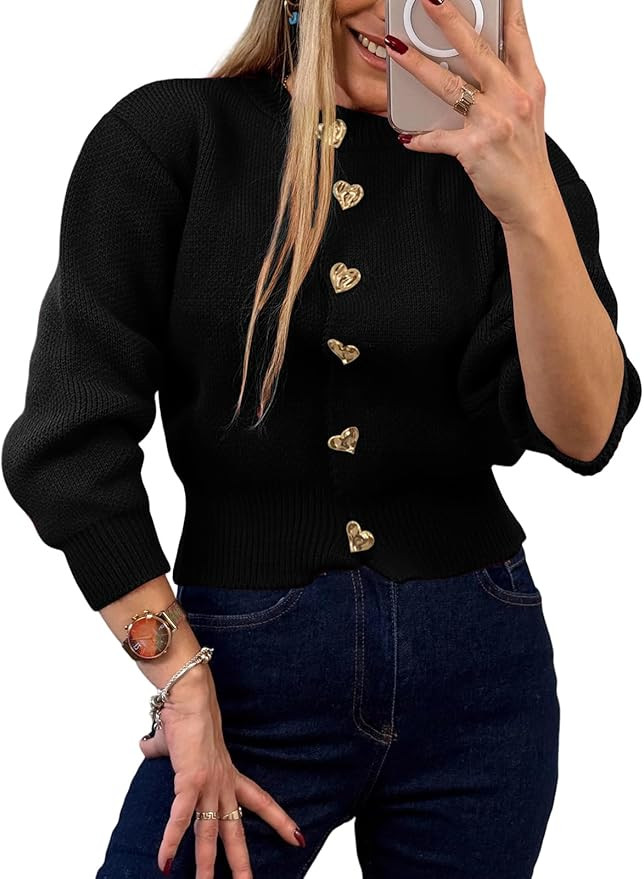 Women’s Knit Cardigan Sweater with Heart Buttons, Casual Button Down Knitwear Long Sleeve Cropp... | Amazon (US)