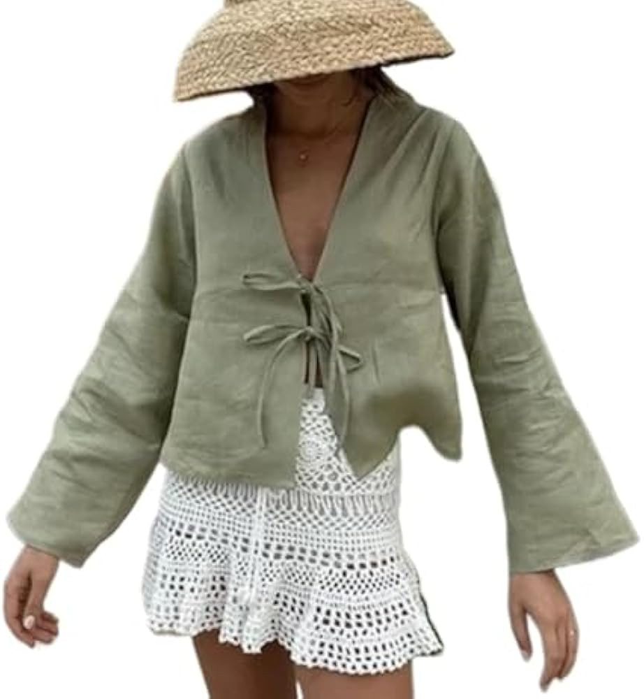 Tie Front Top Coquette Bow Linen Shirt Going Out Summe White Y2k Long Sleeve Blouse | Amazon (US)