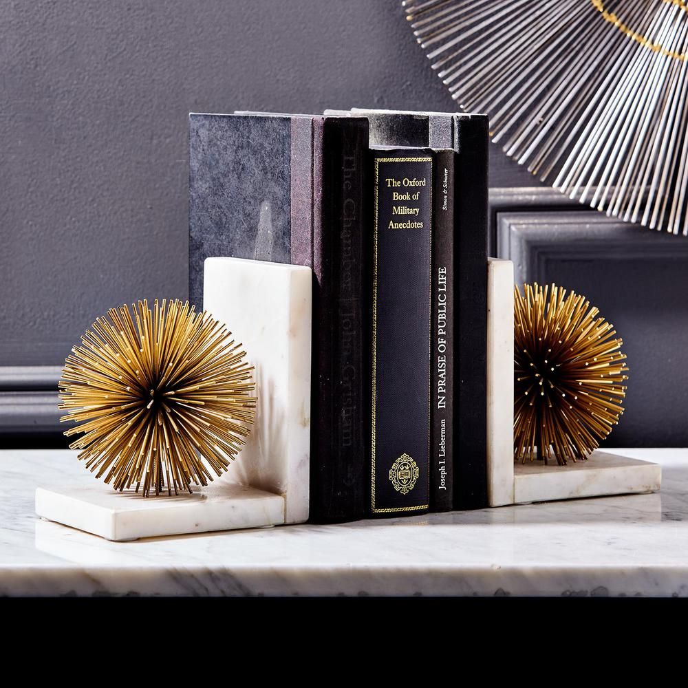 Two's Company Set of 2 Gold Starburst Bookends - Iron/Marble | The Home Depot
